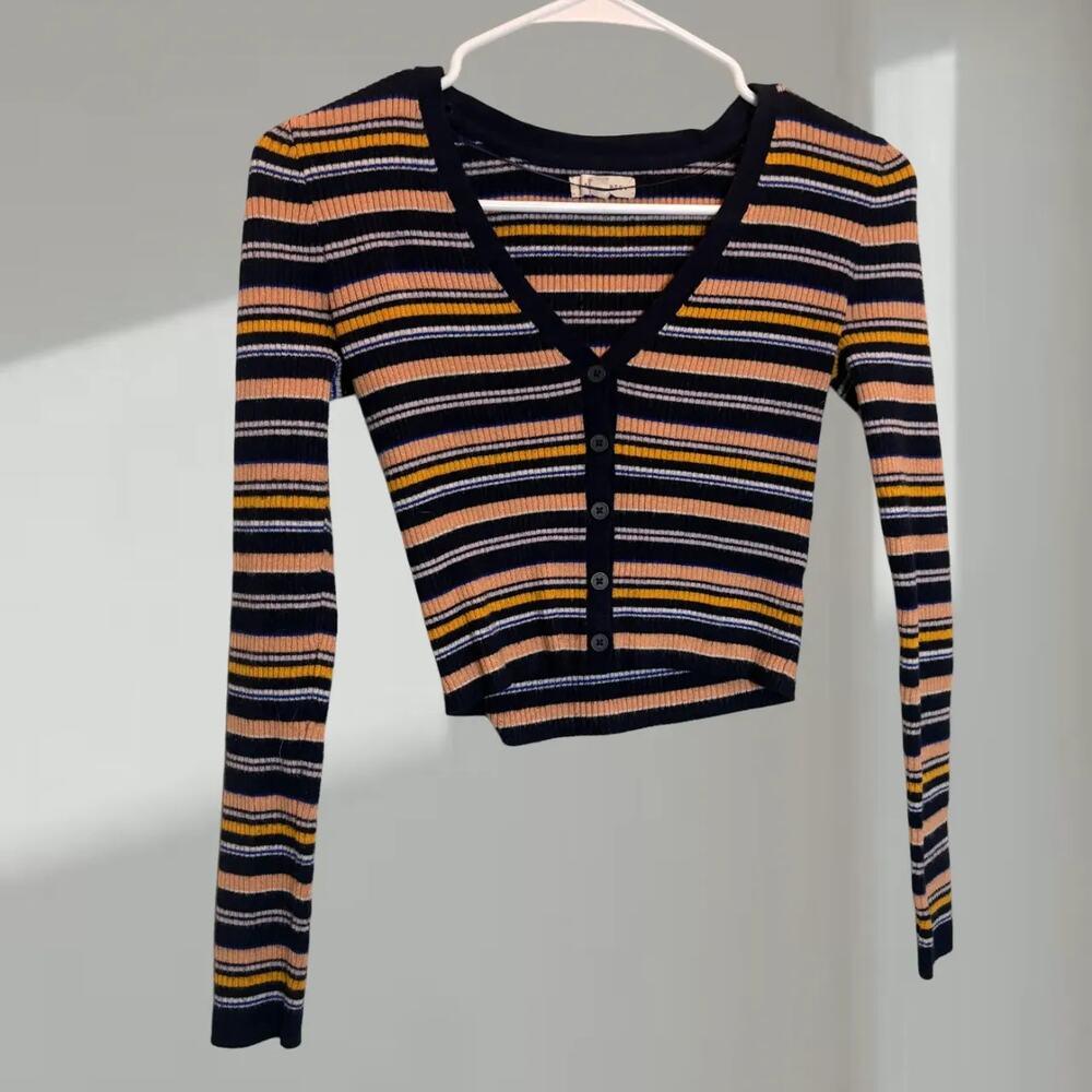 L.A. Hearts Striped Ribbed Cropped Button-Front Top – Multicolor (Women’s Small)